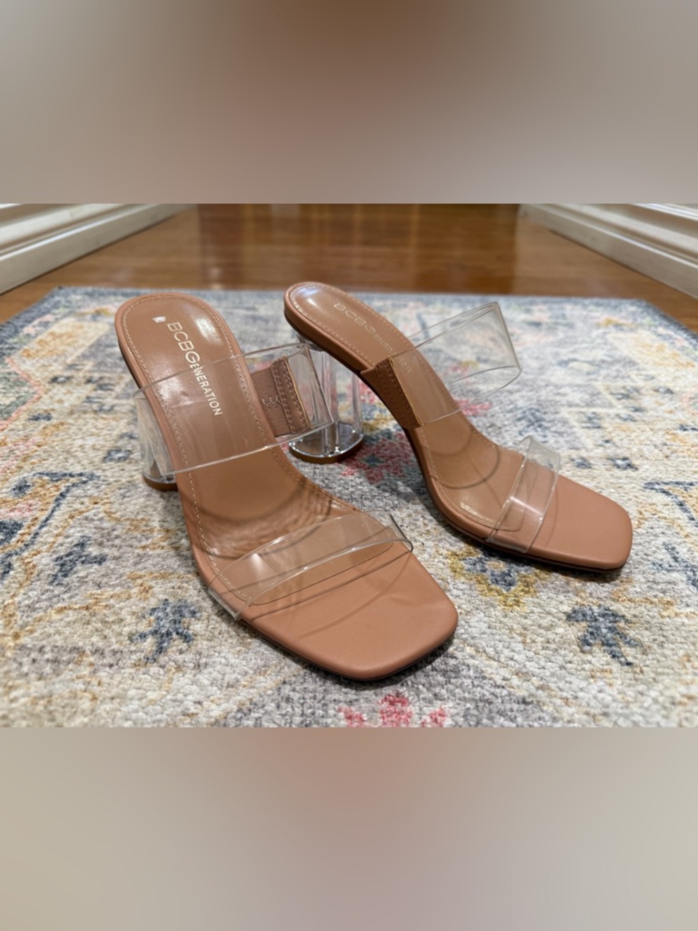 BCBGeneration Clear Double-Strip Brown Mule Heel 6